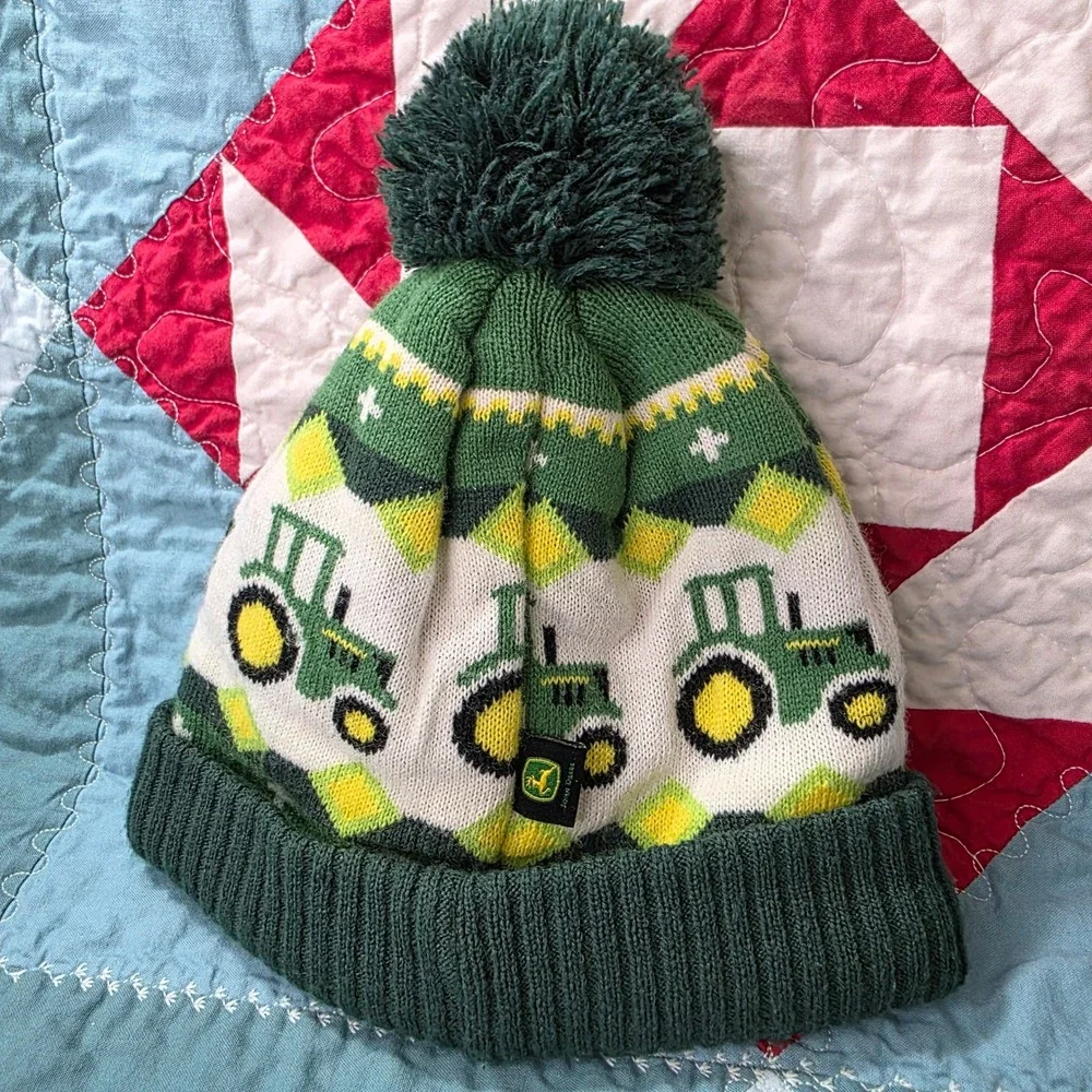John‎ Deere Toddler Beanie Green Tractor Knit Pom Pom Hat OSFM